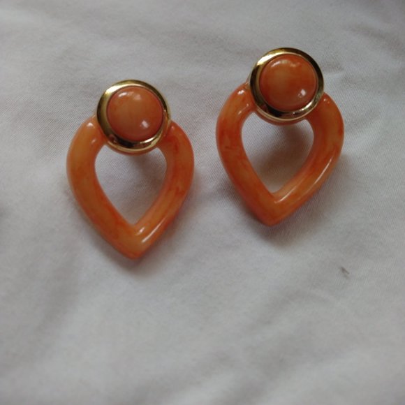 Vintage 80s Earrings, Orange and gold drop earrings - Picture 1 of 2